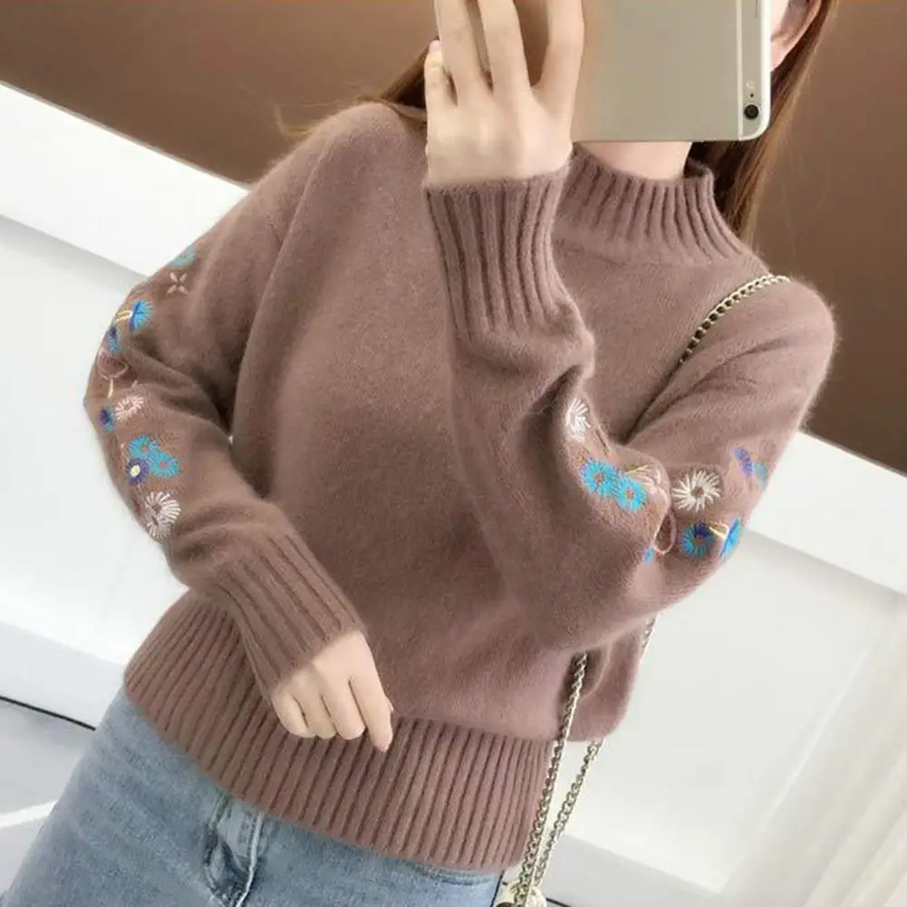 Lady Pullover Sweater  Long Sleeve   Knitted Sweater Flower Pattern Stretch Pullover Sweater