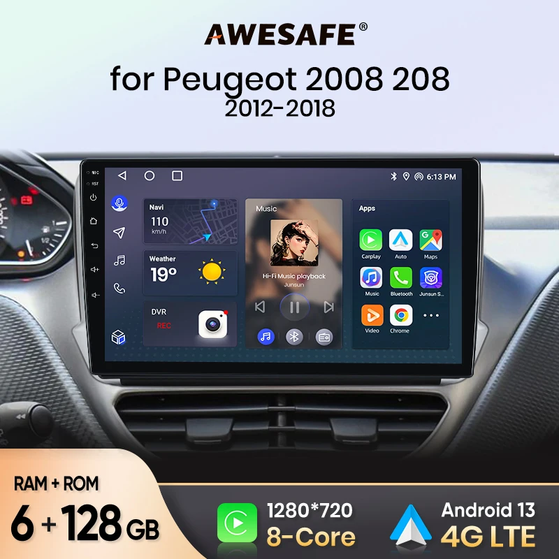 AWESAFE Android 13 AutoRadio for Peugeot 2008 208 2012 2013 2014 2015 2016 2017 2018 Wireless CarPlay Multimedia Stereo 4G WiFi