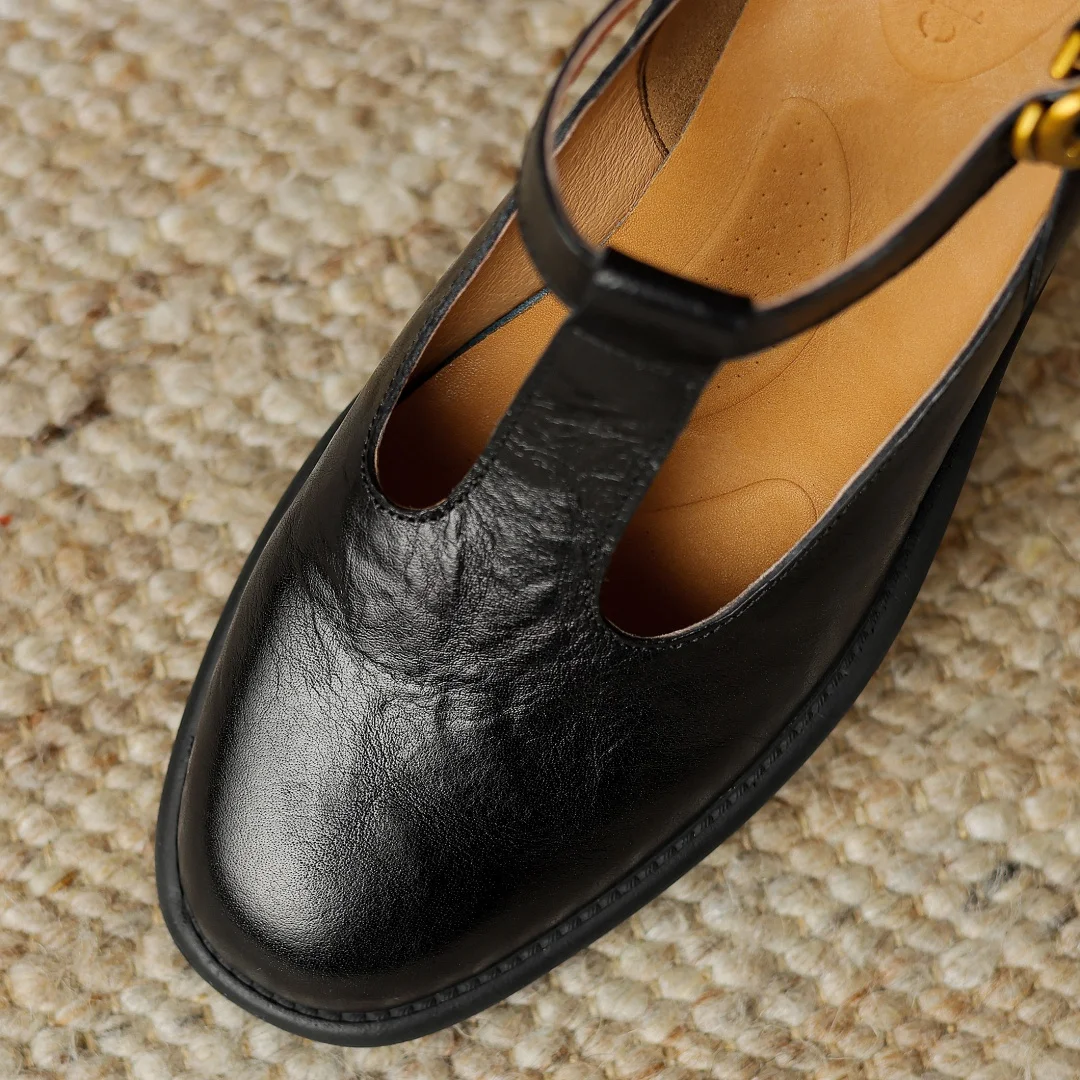 Plus size 34-41 women\'s genuine leather t-strap Mary Jane flats high quality round toe soft comfortable daily shoes for woman