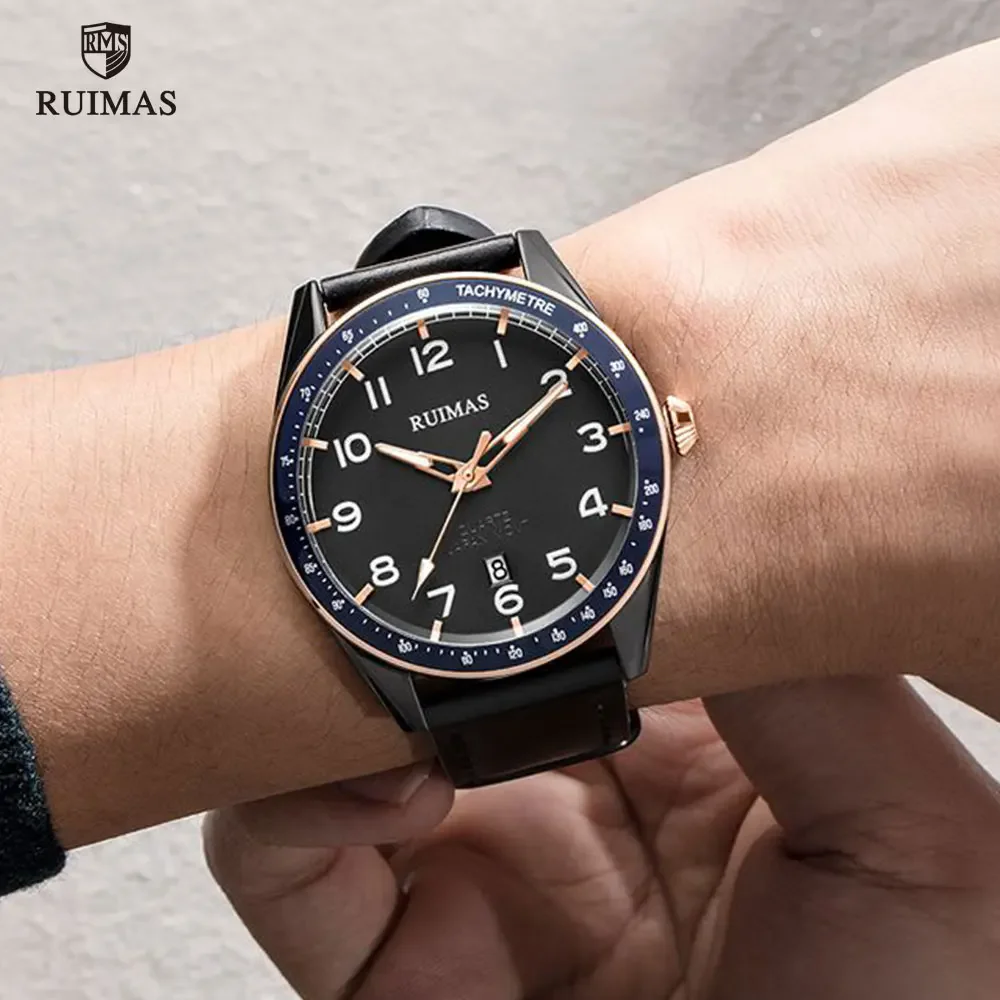 RUIMAS 573 Men's Simple Fashion Business Quartz Watch Luminous Calendar Waterproof Leather Strap Male Leisure Sports Wristwatch