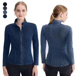 Chaqueta de Yoga para mujer, abrigo vaquero elástico, entrenamiento físico, deportes, informal, con cremallera completa, Top de gimnasio, sudadera ajustada de manga larga para mujer