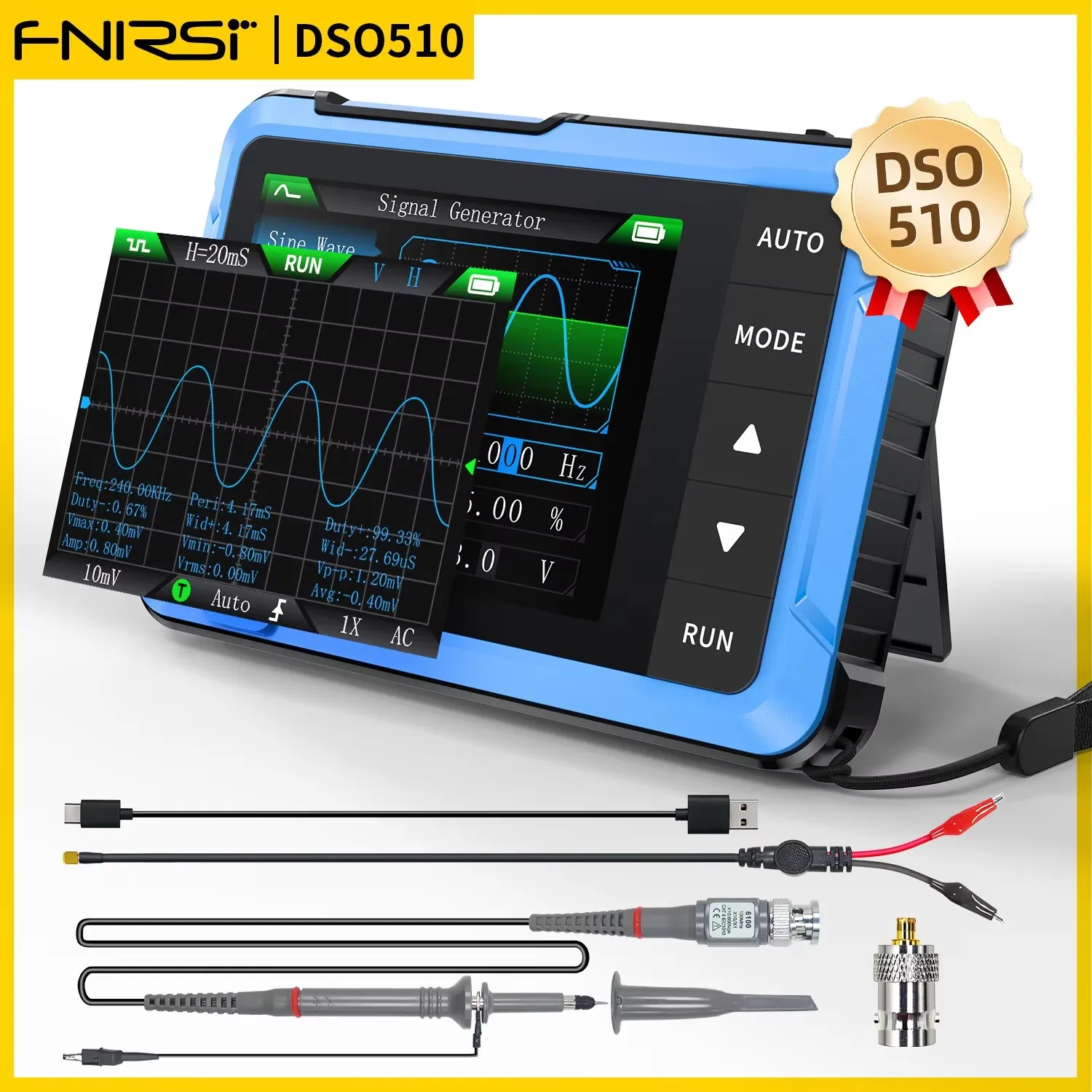 

FNIRSI DSO510 New 10MHz Mini Handheld Digital 2in1 Oscilloscope Signal Generator 48MS/s Sampling Rate Electronics Reparie Tools