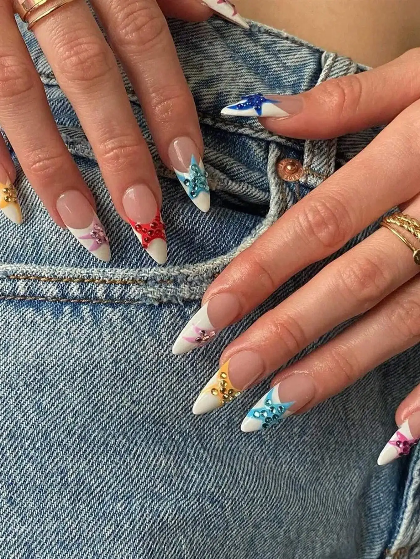 

1 Set/10Pcs Colorful French Style Star Nail Art, Vintage & Bold Design, Unique And Exquisite, Perfect For Holiday Style, Colorful Star Shaped Rhinestones, Reusable And Handmade, Beautiful Nails For Women, Shiny & Gorgeous Nail Art For Summer Press On Nail