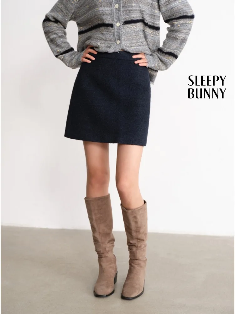 Vintage Wool Mini Skirt Women High-Waist A-Line Winter Skirt Chic Deep-Blue Woolen Short Skirt Petite Slimming Commuter Outfits