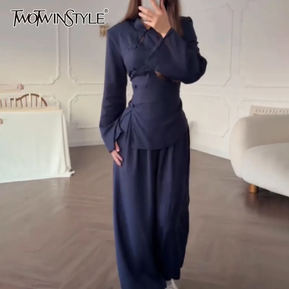 TWOTWINSTYLE Solid Spliced Hollow Out SlimmingTwo Piece Set for Women Stand Neck Long Sleeve Top High Waist Trousers Sets Female