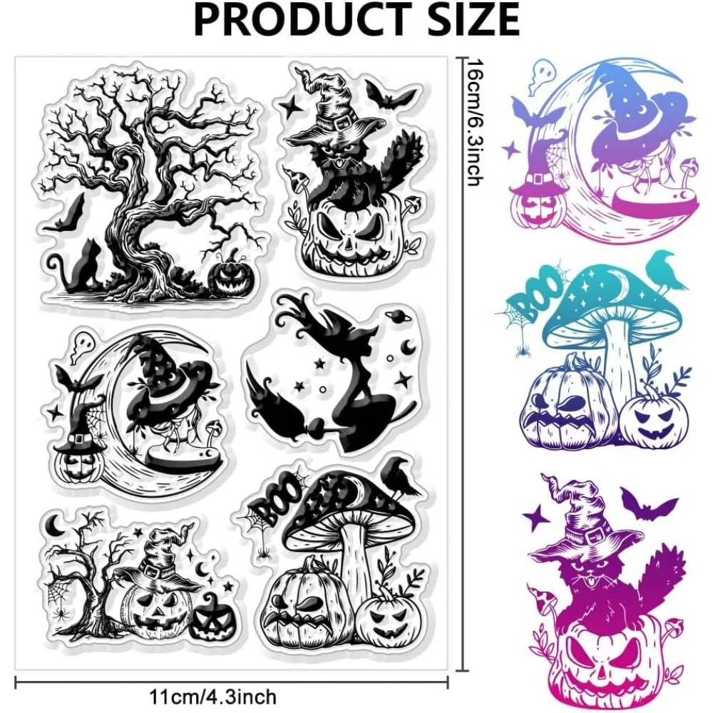 Halloween Clear Stamps Witch Cat Pumpkin Mushroom Tree Silicone Transparent Stamp Silicone Stamps Seals for DIY Making Kit