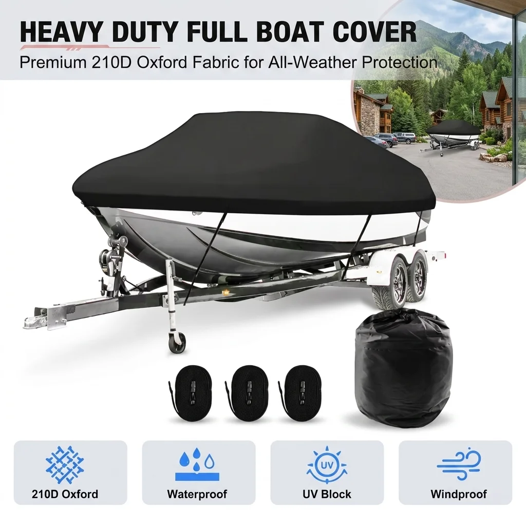 Schwarze 210D Oxford-Gewebe Wasserdichte Sonnenschutz Universelle Allwetter-Bootsabdeckung Vollständige Bootsabdeckung Staubdicht
