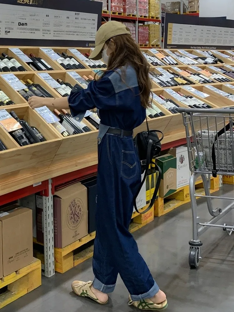 Lusam Tuta di jeans a gamba larga a vita alta da donna Primavera Autunno Nuovo Sle Hong Kong Sle Abito intero dimagrante fino al pavimento