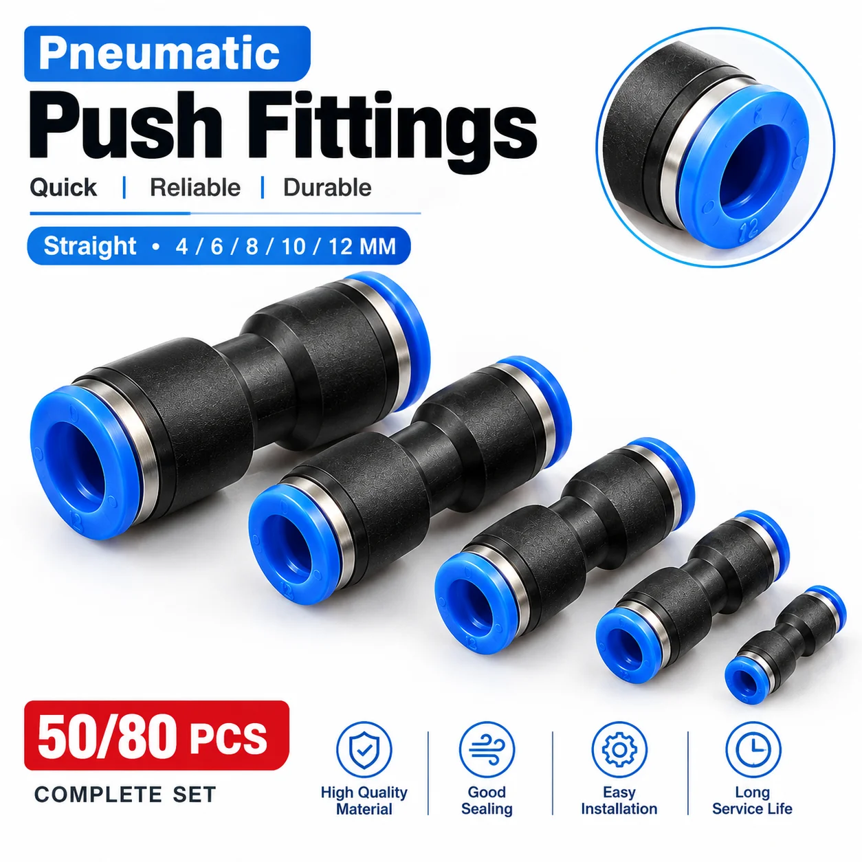 Pneumatic Push In Fittings Kit with 4/6/8/10/12MM Interface-High-Compressive-Strength PU Air Hose Tube Quick Release Connectors