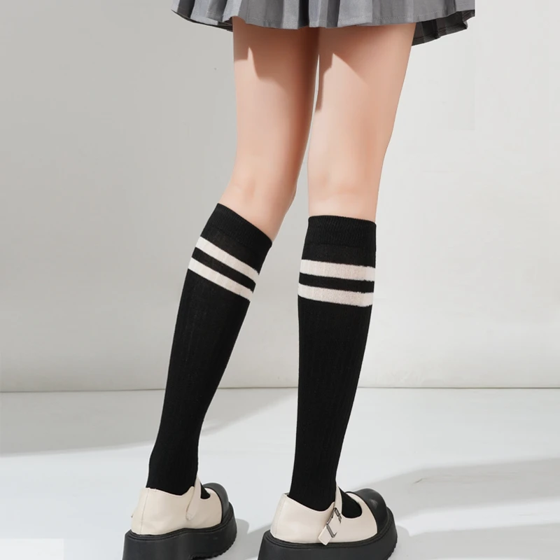 

Autumn Winter Girls Calf Socks JK Skirt Accessories Solid Color Striped Long-tube Socks Soft Comfortable Preppy Style Stocking