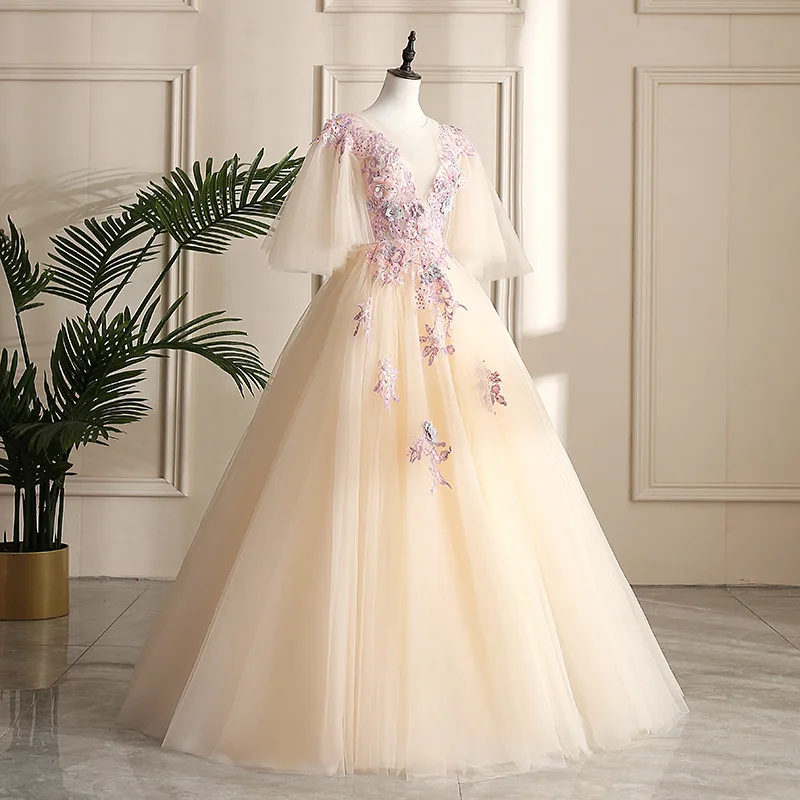 جديد عميق الخامس مرحلة طويلة أداء منفرد فستان الزفاف الملونة استضافة الفن امتحان استوديو موضوع نفخة فستان حزام أنيق #3