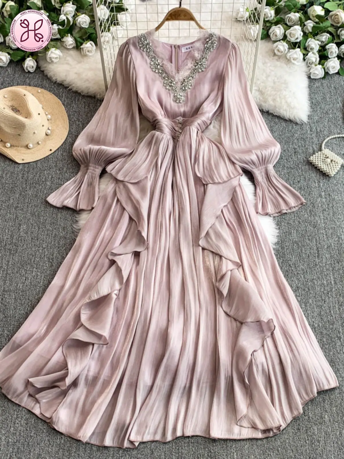 

Gentle Style Socialite Elegance Flare Sleeve Rhinestone V-Neck Waist-Cinching Ruffle Chiffon Dress Graceful Flared Maxi Skirt