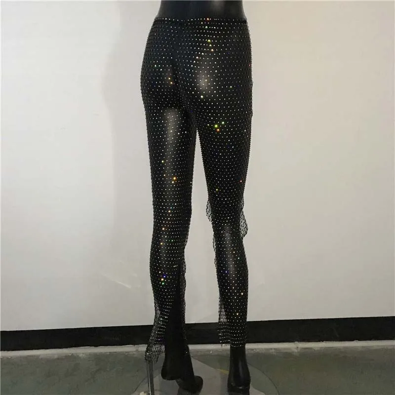 Crystal Diamond Shiny Women Pants Sexy Hollow Out See Through Fishnet Elastic Trousers Fashion Summer Beach Party Club Pant