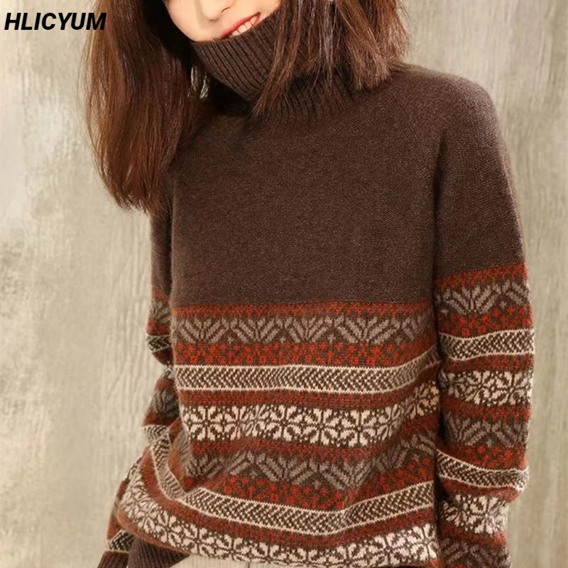 Women's Pullover Autumn/Winter New 100% Wool Sweater Casual Knitwear Ladies' Tops Loose High Neck Thickened Blouse