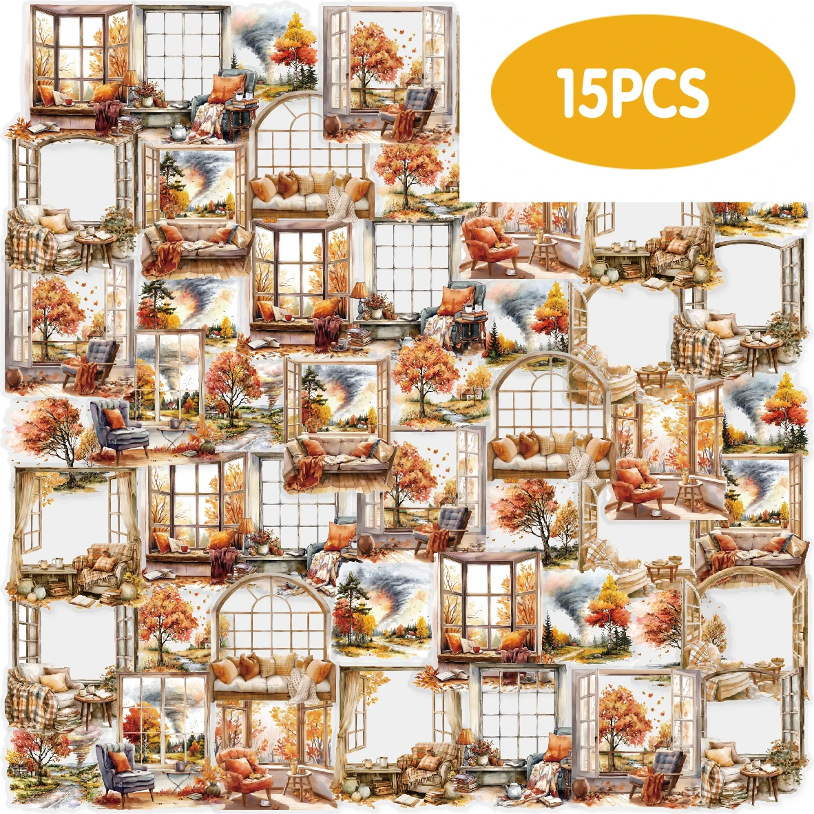 Etori Life Windy Autumn Window 15Pcs Vintage Red Maple Window Scene Stickers, Gentle Atmosphere Scrapbooking Materials for Laptops, Phone Stickers, Suitcases, Guitars, Room Decoration, Scrapbooking Supplies, Card Making, Children's Gift Bags, Vintage Parties, DIY Crafts, Back-To-School Season, Children's Stickers