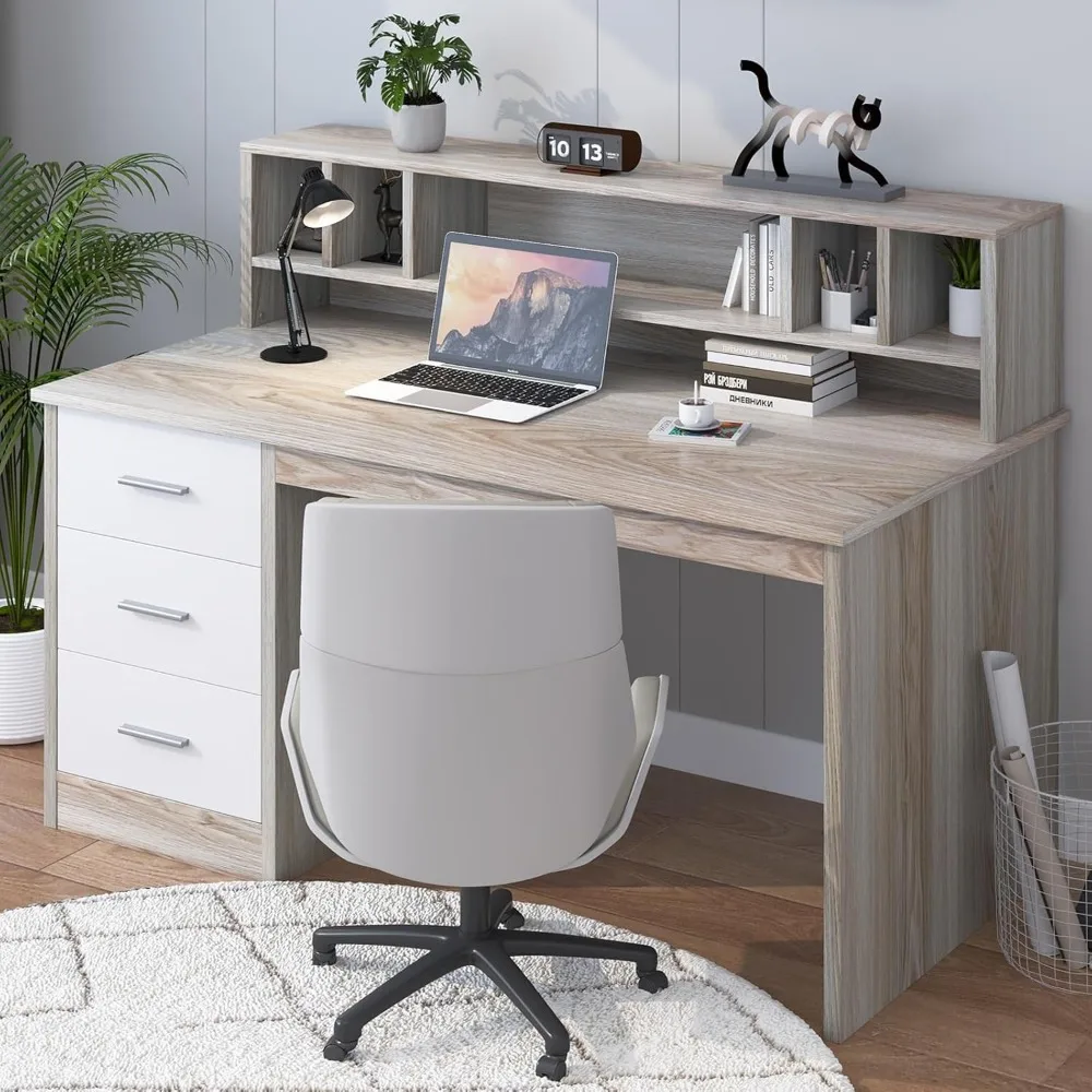 

Small Desk with Drawers, Study Desk with Hutch for Bedroom, White Desk with 3 Drwaers, Walnut and White