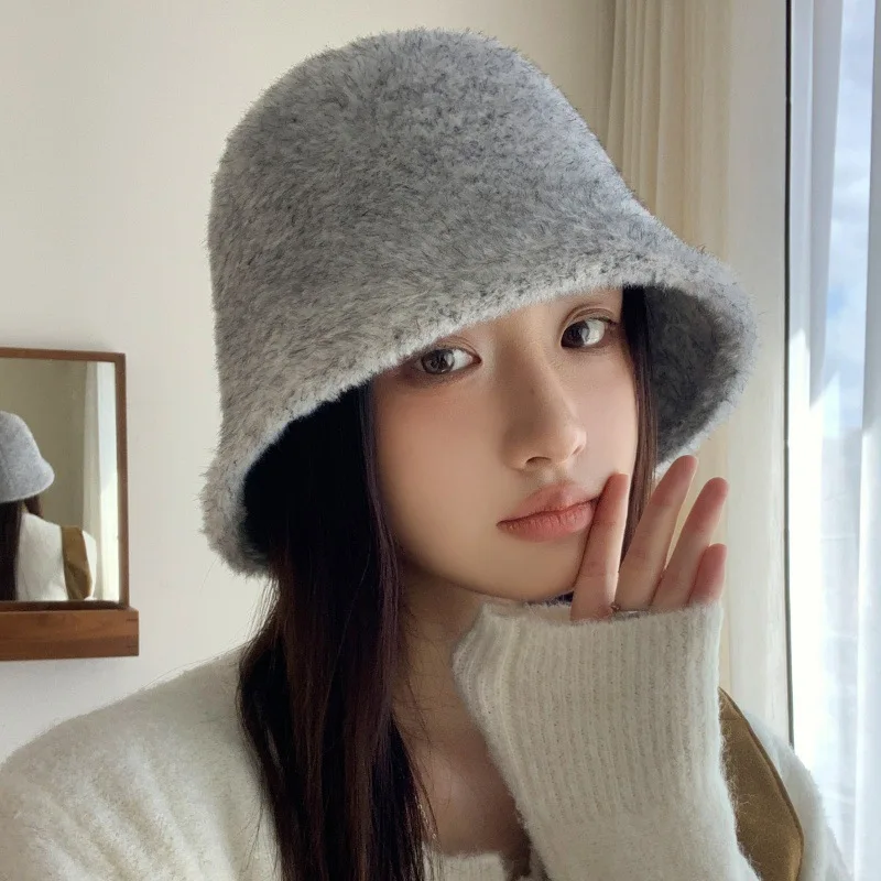 Korean Style Faux Mink Fur Bucket Hat for Big Head Face Slimming Sun Protection Water Bucket Cap