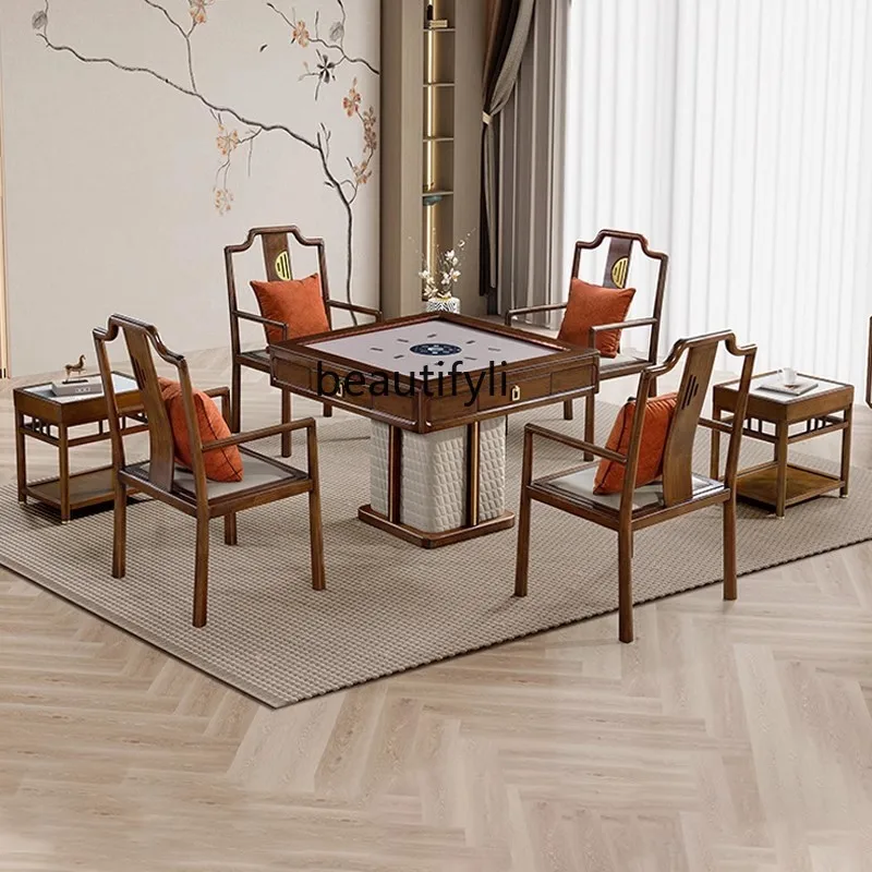 New Chinese solid wood automatic household rock slab mahjong table dining table dual-purpose integrated multi-function