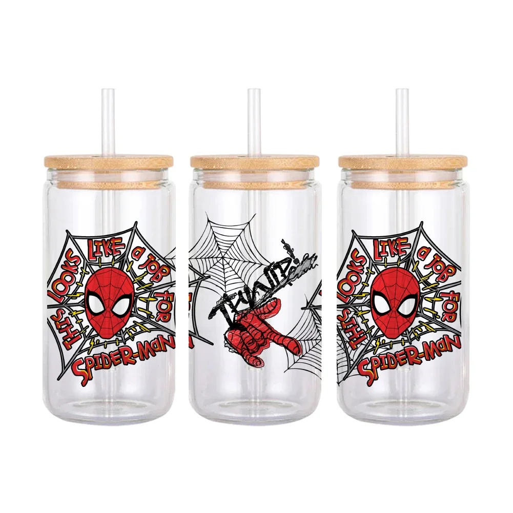 Disney Iron Man Spider Captain UV DTF Sticker For 16oz Glass Can Wrap Transfer Labels DIY Self Adhesive Custom