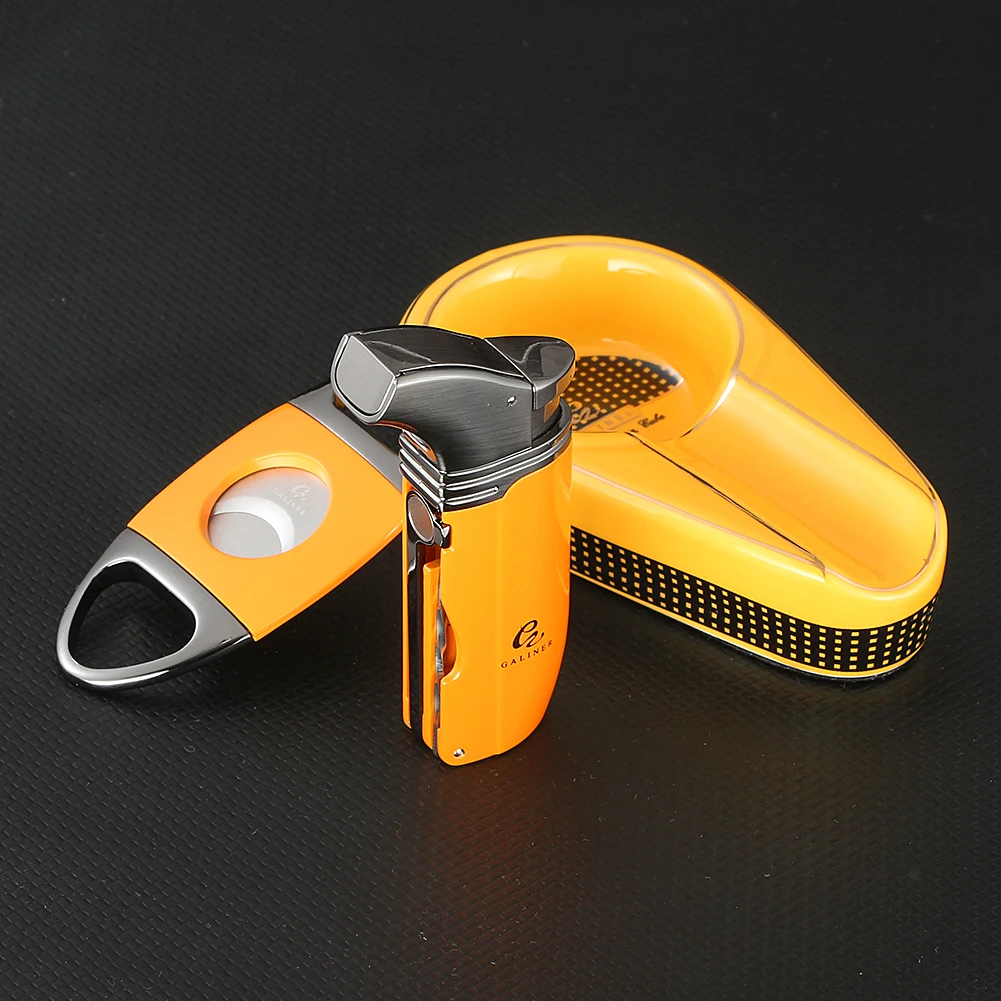 GALINER Ceramic Cigar Ashtray Portable  Guillotine Sharp Cigar Cutter Butane Torch Lighters With Cigar Drill Needle