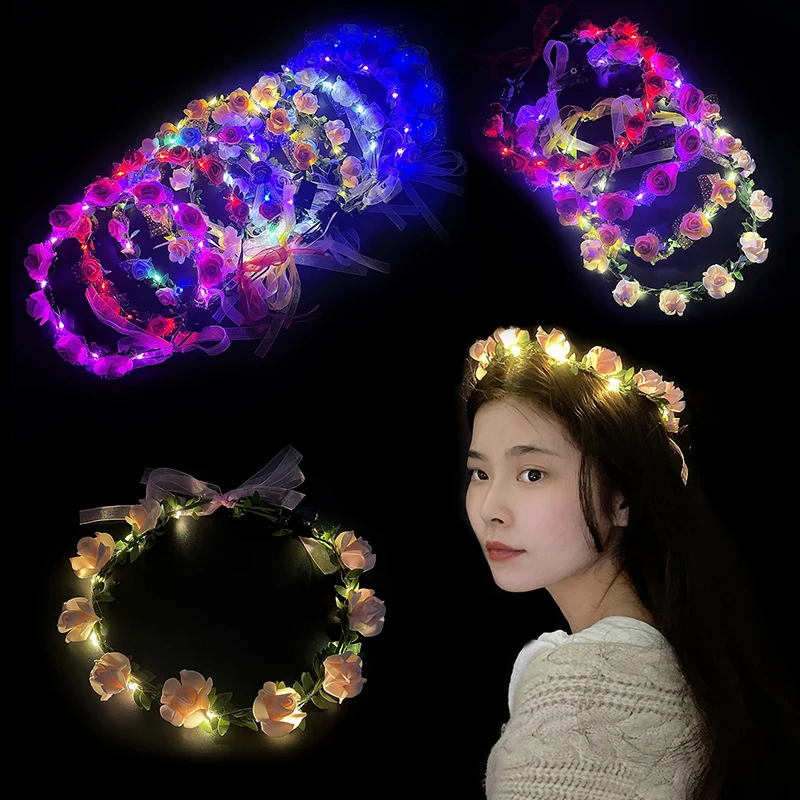 Glowing Garland Headband Fashion Bride Wreath Rose Flower Crown LED Luminous Hairband Girls Gifts Wedding Party Decorations