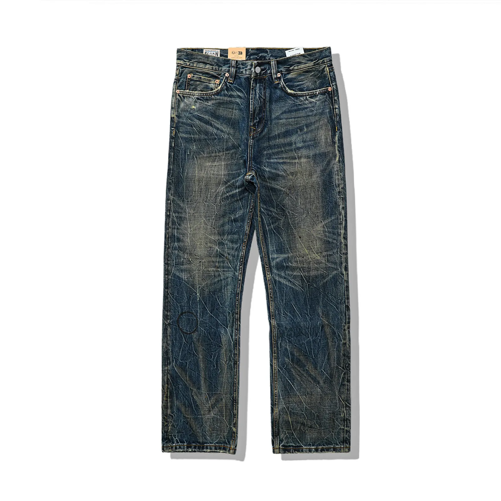 

Heavyweight Amekaji American High-Street Vintage Washed Destroyed Patchwork Jeans 100% Cotton Premium Straight Pants for Men