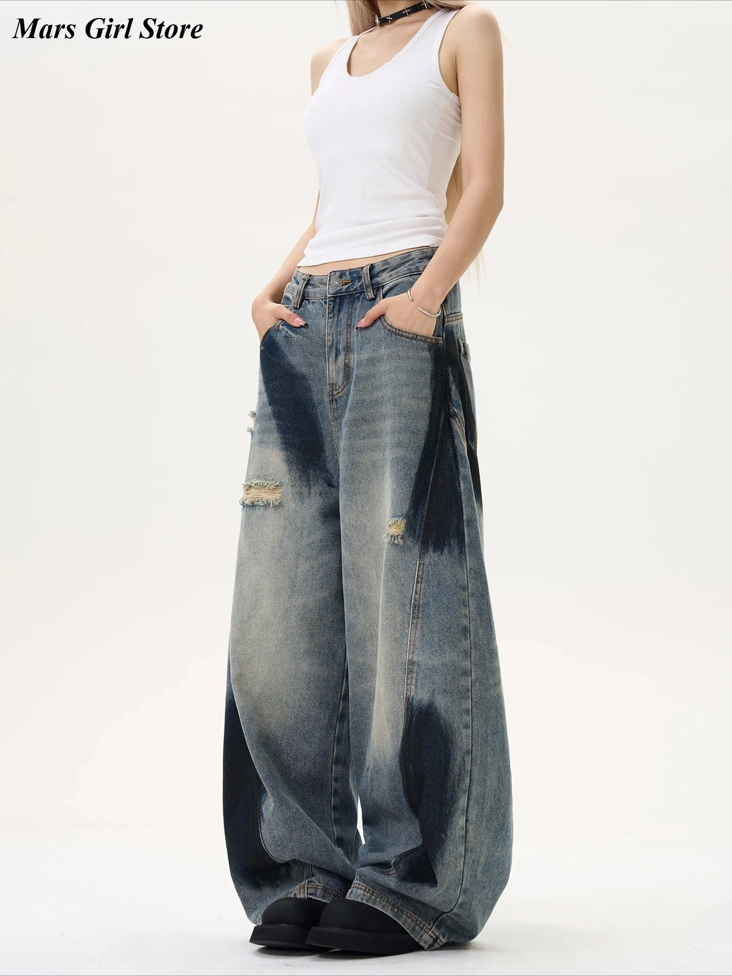 Y2K Streetwearสเปรย์ทาสีPatchwork Rippedกางเกงยีนส์ผู้หญิงขากว้างBaggy DeconstructedสูงเอวVINTAGEล้างยาวกางเกง