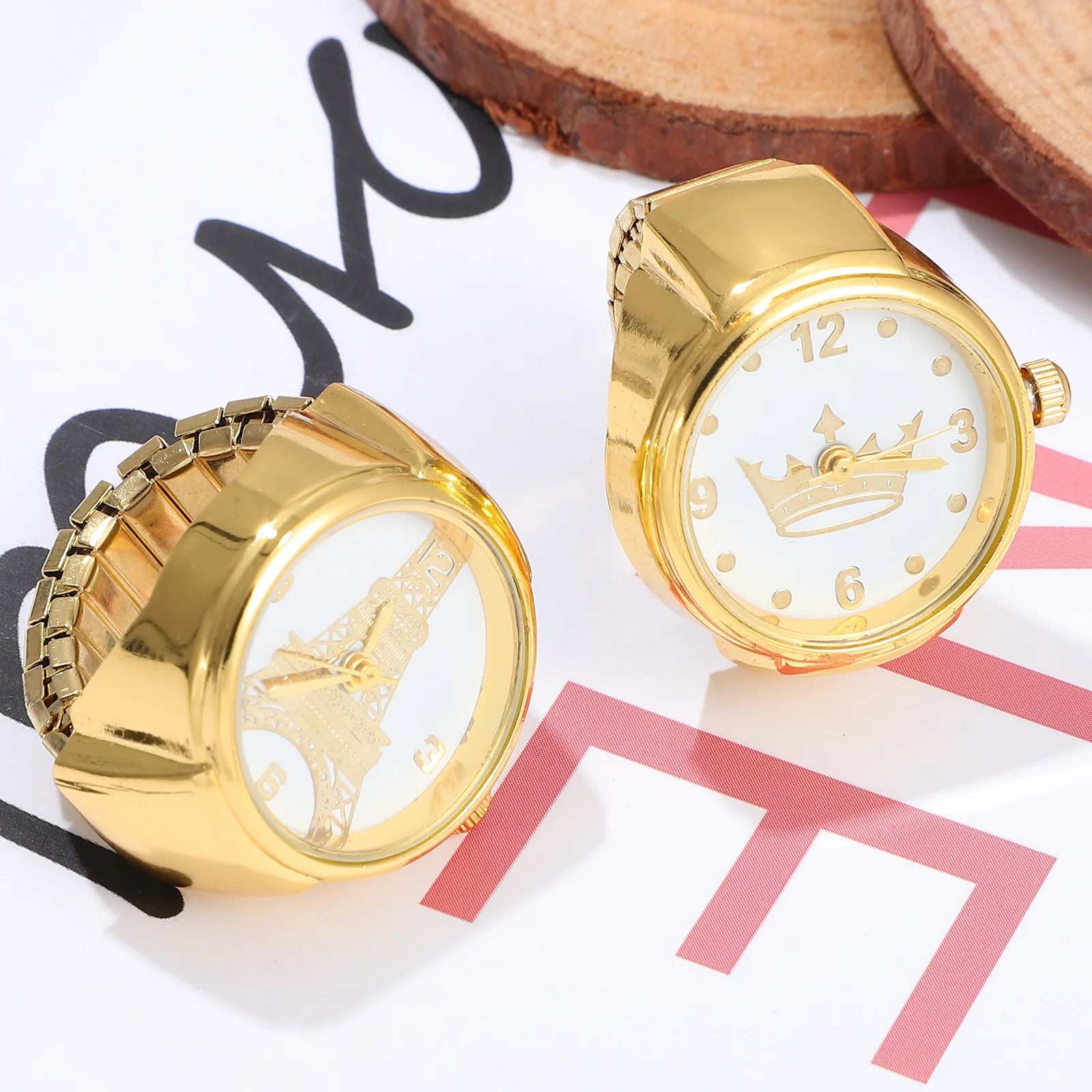 

2 pcs Ring Watch for Men Women Vintage Finger Quartz Watches Design Clock Rings Noble Color Arabic Numbers Clear