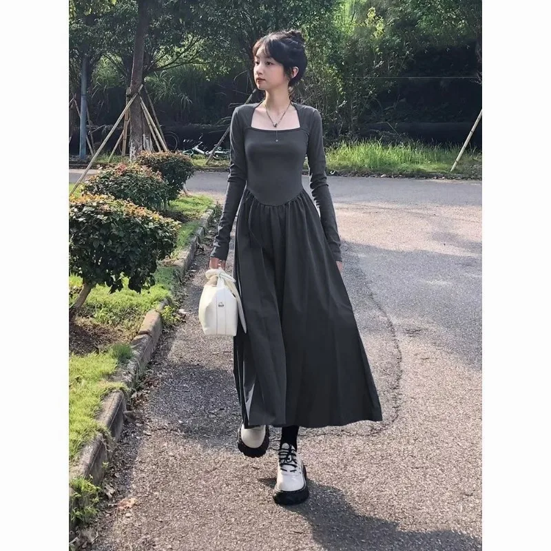 Women Autumn Winter Elegant Temperament Solid Color Square Collar Long Sleeve Midi Dress Ladies Fashion All-match A-line Skirt