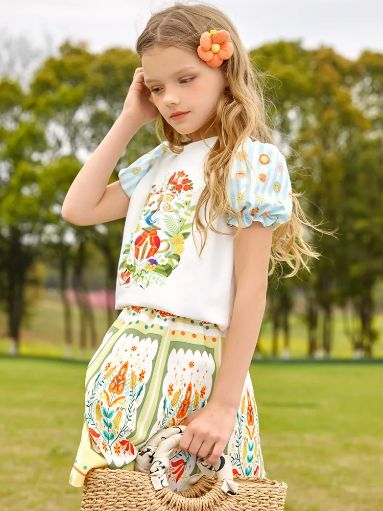 Summer skirt set short-sleeved T-shirt cartoon printed top with skirt