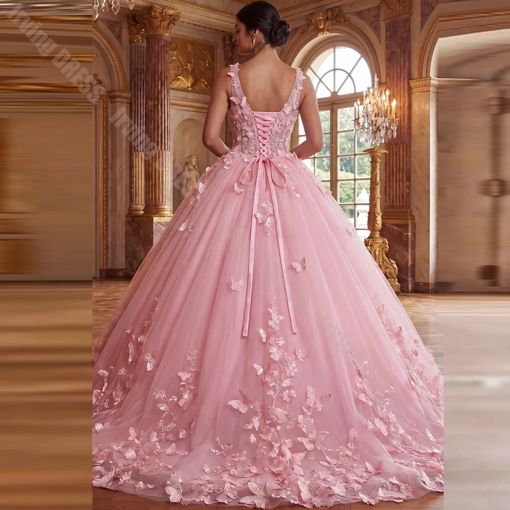 Fairy Quinceanera Dresses Customized 3D Flowers Bow V Neck Sleeveless Beaded Tulle Ball Gown Party Birthday for Sweet 15 16 Gown