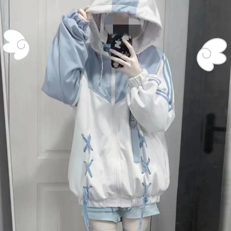 Japanese Kawaii Y2k Zip Up Hoodie Women Harajuku Cutecore Bandage Oversize Sweatshirts Aesthetic 2000s Girls Fall Fashion