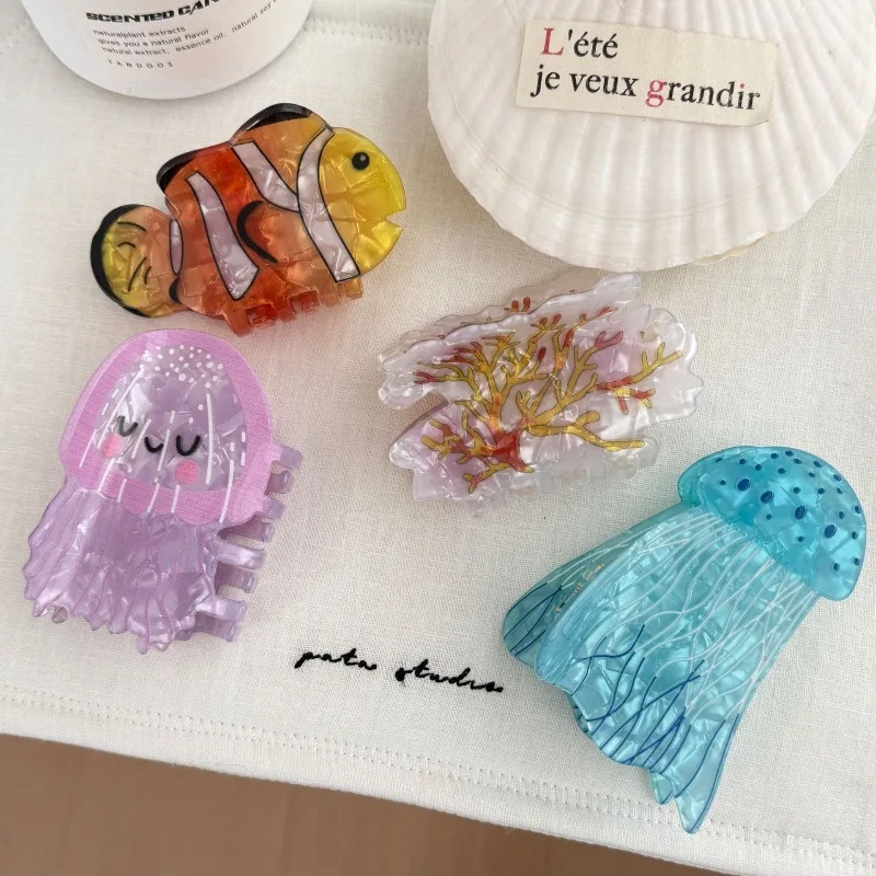 

Acrylic Hair Claw Clip Clownfish Jellyfish Design Cute Ocean Animal for Back of Head Bun Premium Durable Non Slip Lightweight