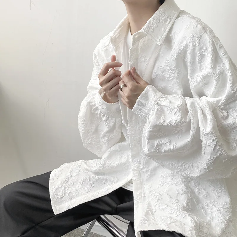 2026 New Men's Japanese Style Shirt Jacket Dark Series Embossed Flower Pleated Long Sleeve Shirt Casual Light Mature Fashion Top