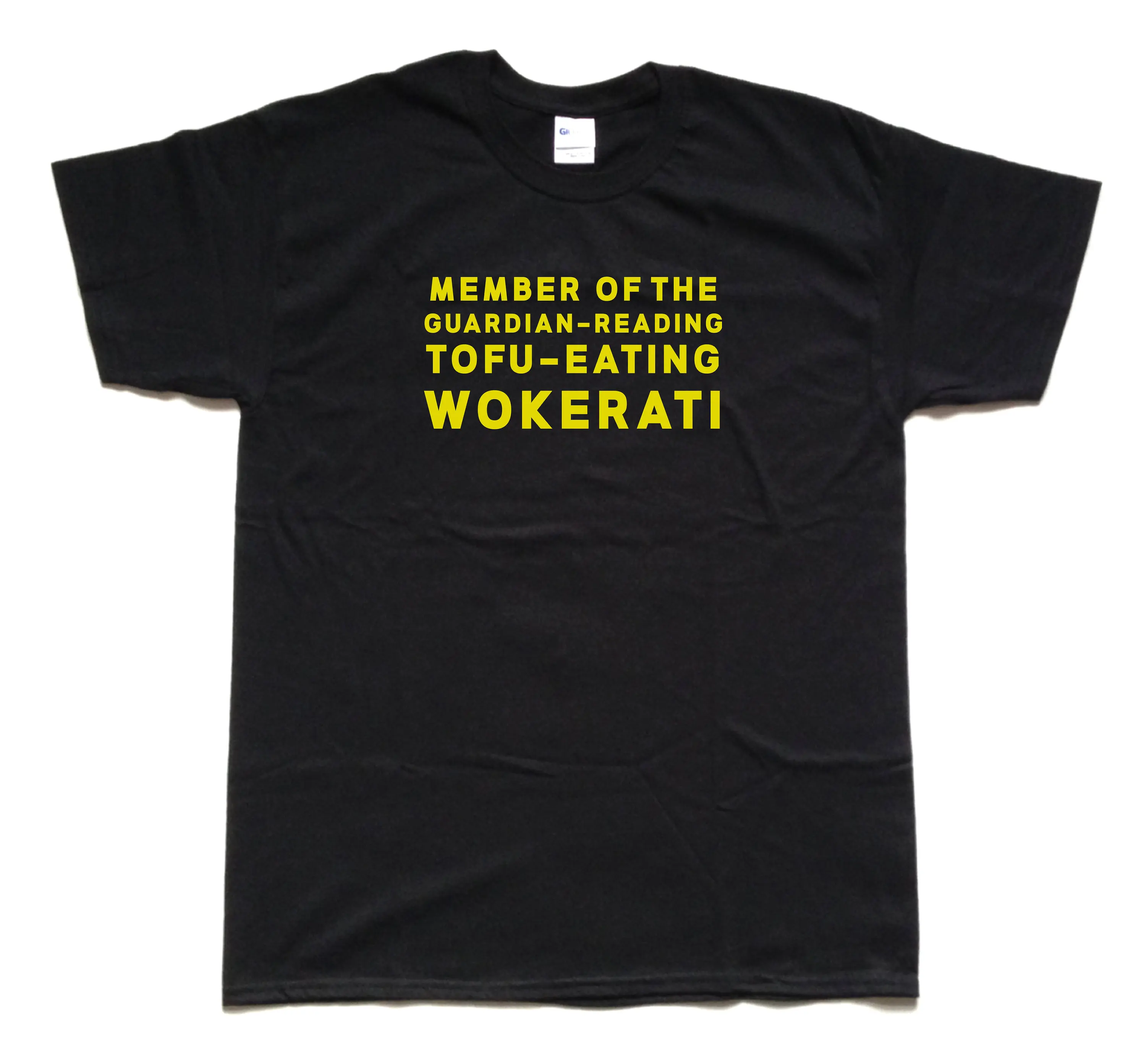 Member Of The Guardian Reading Tofu Eating Wokerati Yellow On Black Screen Printed Woke T Shirt