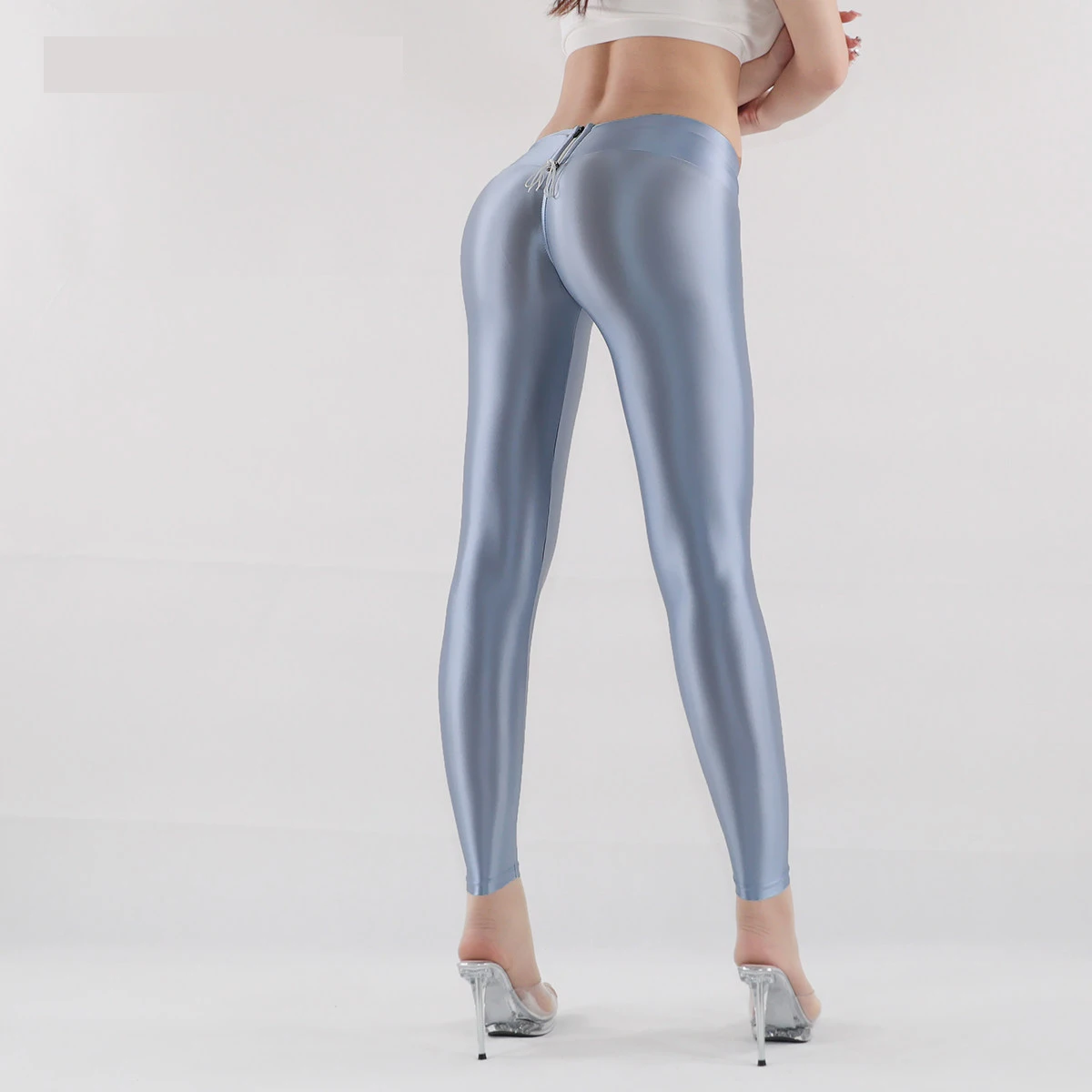 Women Wet Look Glossy Capri Leggings High Stretch Zipper Adjustable Skinny Shiny Yoga Gym Workout Fitness Pants