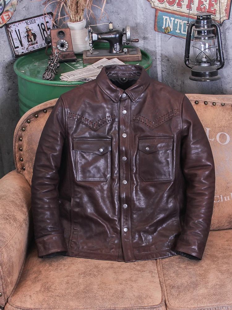 YR!Free shipping.Brand new Vintage brown cowhide shirt,Luxury Classic Western Denim style real leather jacket.Plus size thick