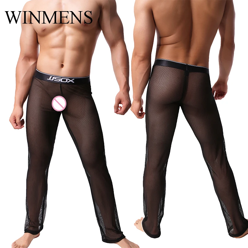 

Прозрачные ажурные пижамы для взрослых и мужчин, черные сетчатые эротические штаны для сна в полный рост для геев, прозрачная дышащая одежда для отдыха Sissy