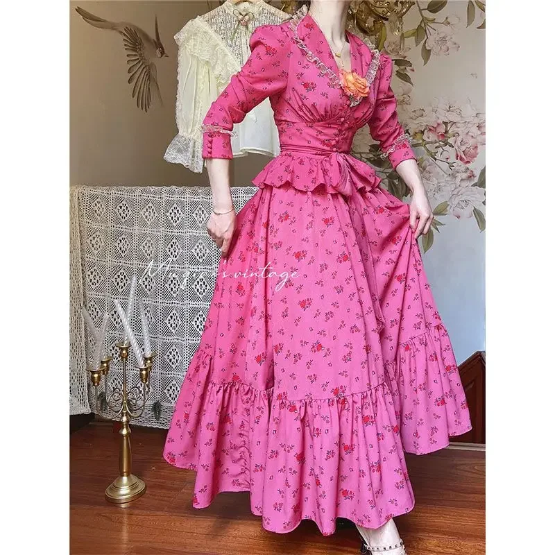 Rose Red Flower Autumn Long Sleeve French Vintage Dress V-neck Waist Cinched Slimming Ruffle Large Swing Long Dress for Women