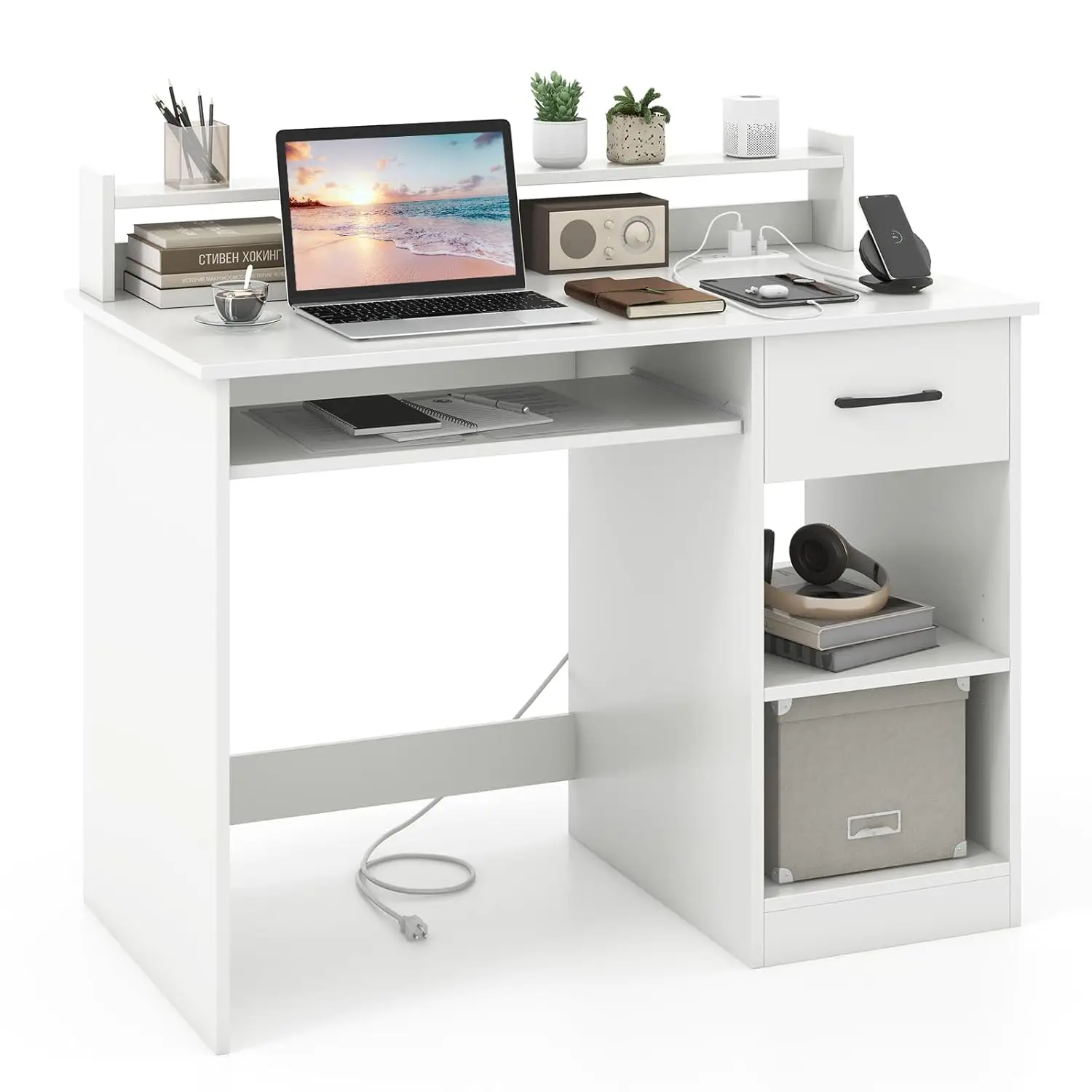 White Computer Desk With Charging Station, Type C Port, Modern Writing Desk With Drawer, Removable & Adjustable Shelf, Keyboard