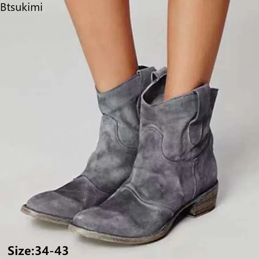 

2025Women's Fashion Cowgirl Boots Flat Heels Ankle Boots Pointed Toe Vintage Cowboy Western Boots Large Size Short Booties 34-43