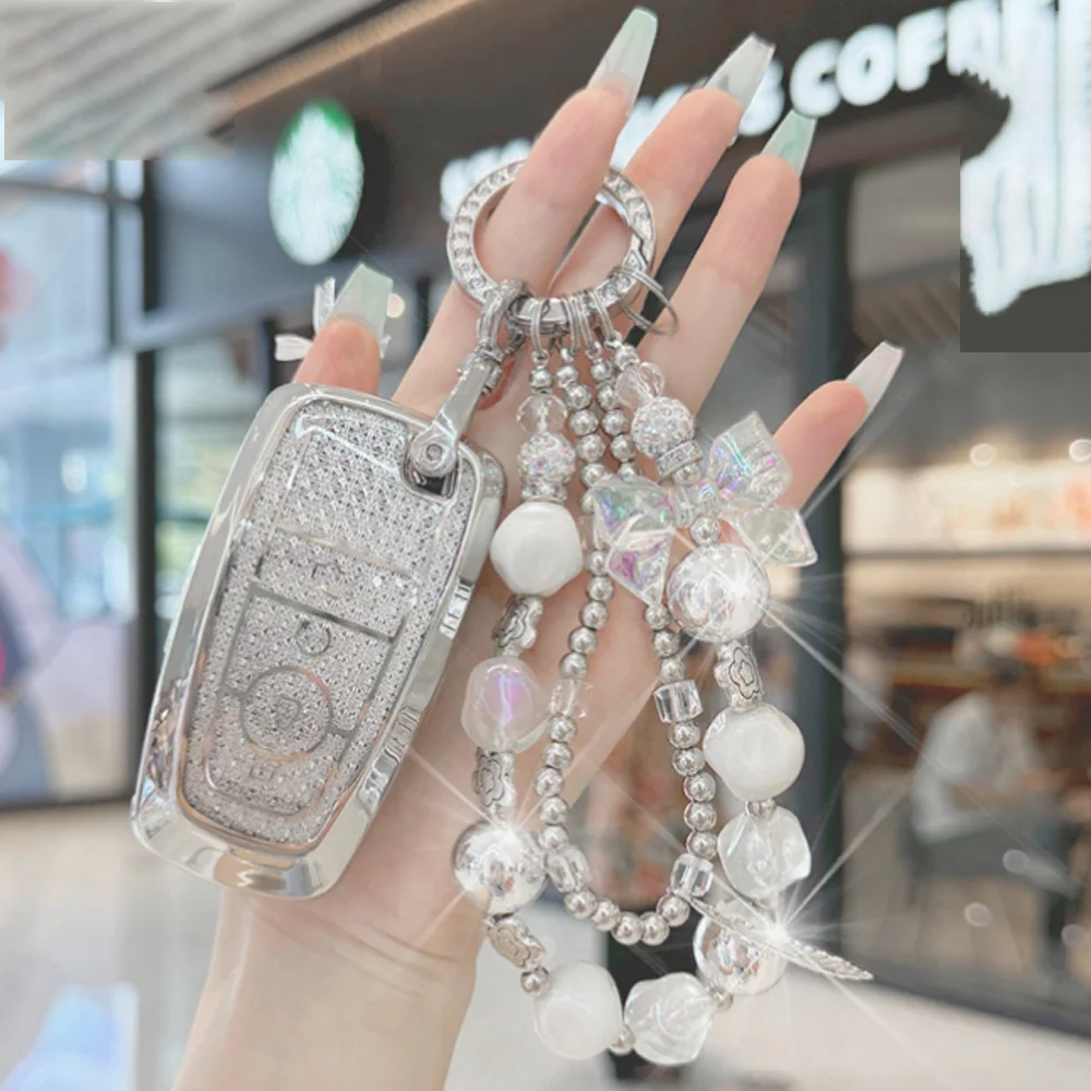 Car For Ford Mustang Fusion Raptor F250 F350 F450 F550 Edge Explorer Bronco Sport 4 Button Key Case Fob Holder White Diamond TPU