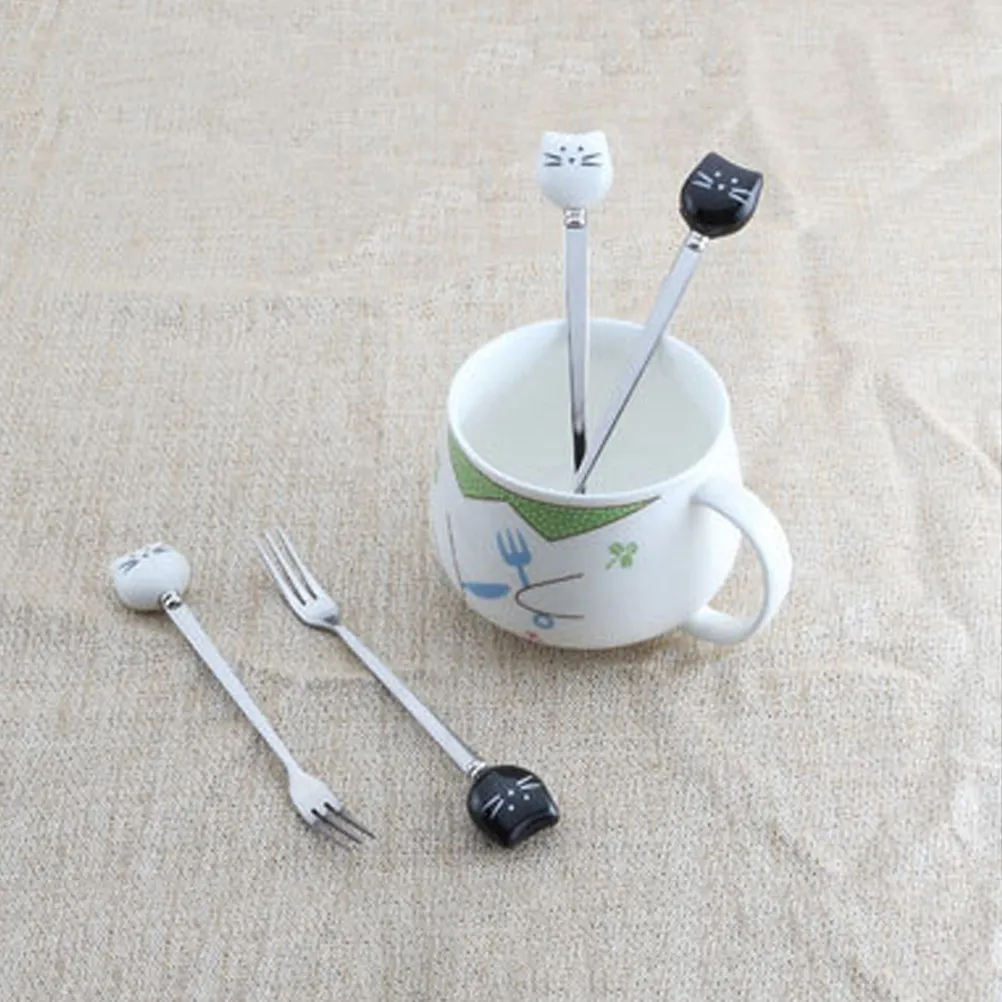 Ceramic and Stainless Steel Cartoon Kitty Stirring Spoon Set – 2-Piece for Coffee, Tea, Milk, Dessert, Fruit