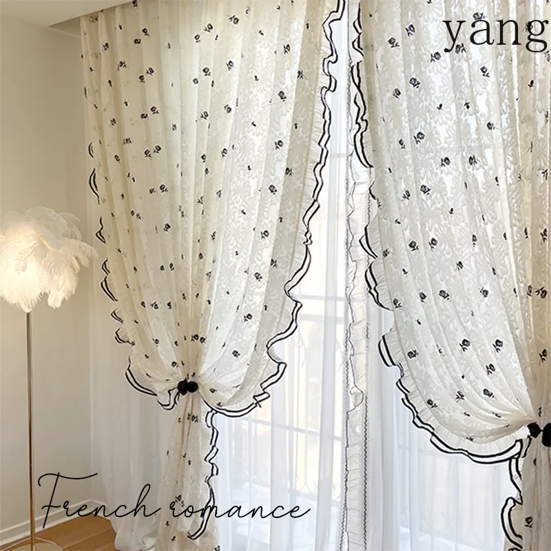 Vintage embroidery rose French antique cream wind small fragrant wind lace gauze curtain living room