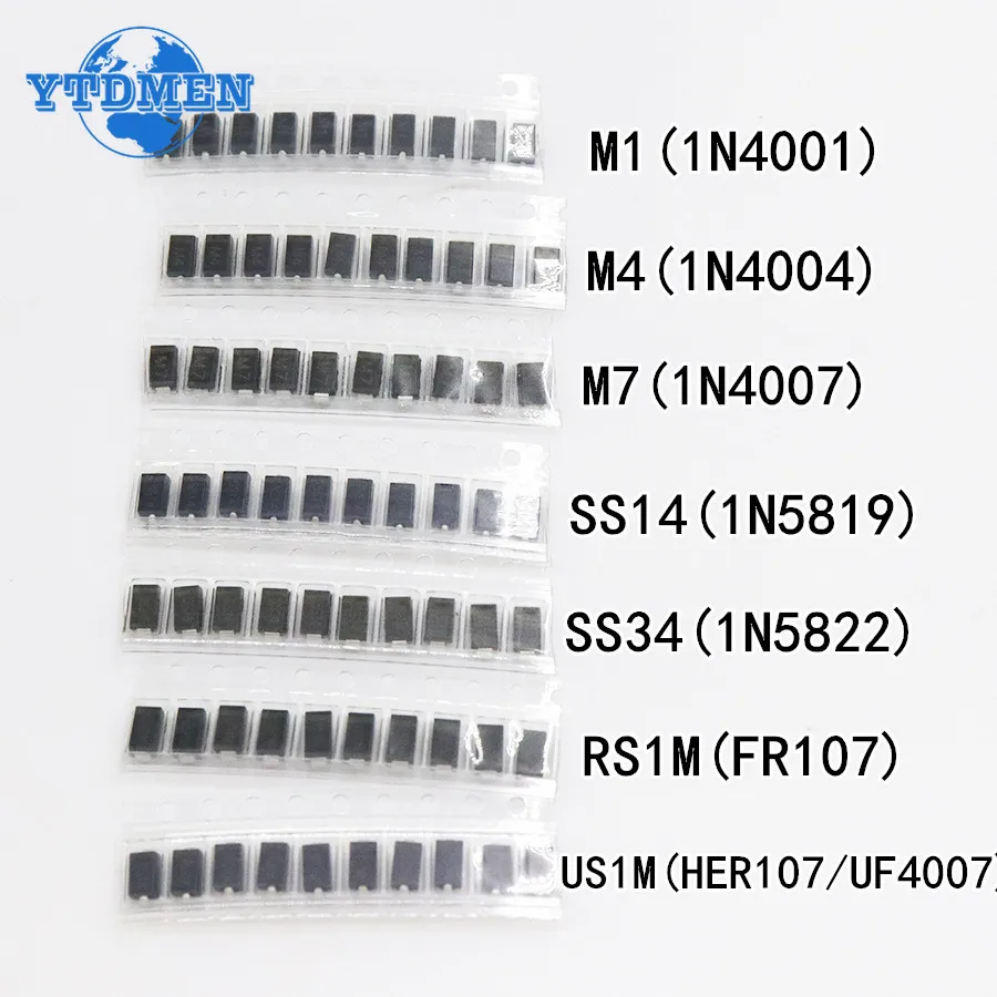 70/100PCS SMD Diodes 1N4007 M7 1N4001 M1 1N4004 M4 SS14 US1M RS1M SS34 Schottky Diode Rectifier Diodes Set 1N4148 1N5399 1N5408