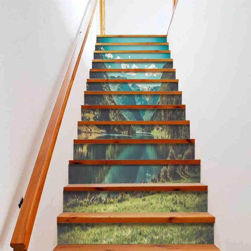 Mountain Stair Stickers Spring Nature Landscape Staircase Riser Mural Green Grass Lake Self-Adhesive Stair Decals Indoor Decor