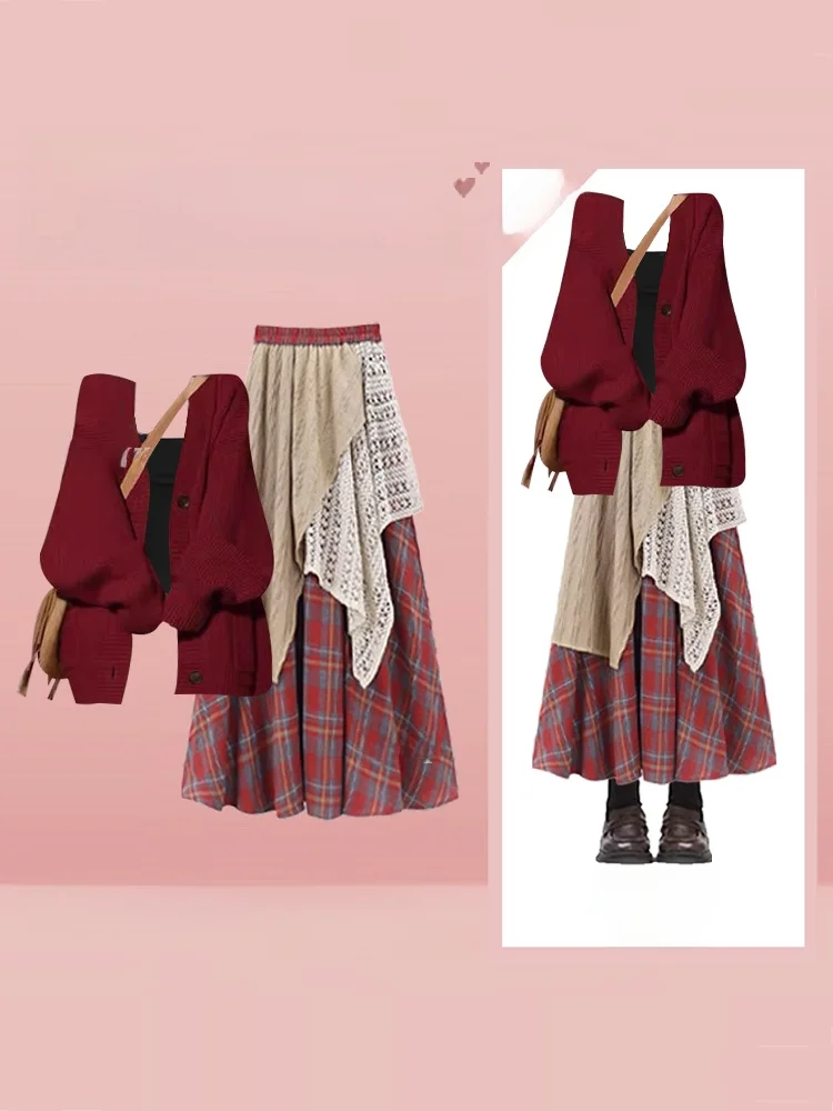 

Осенний женский вязаный свитер Long Sve Dr, клетчатая юбка с высокой талией, комплект V Ne Retro Sle, повседневный ансамбль Faion