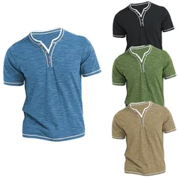 New Cotton Small V-neck Short Sleeve T-shirts Men's Casual Henley Collar Shirt Casual Slim Elastic Tops Tees Bottoming Shirts