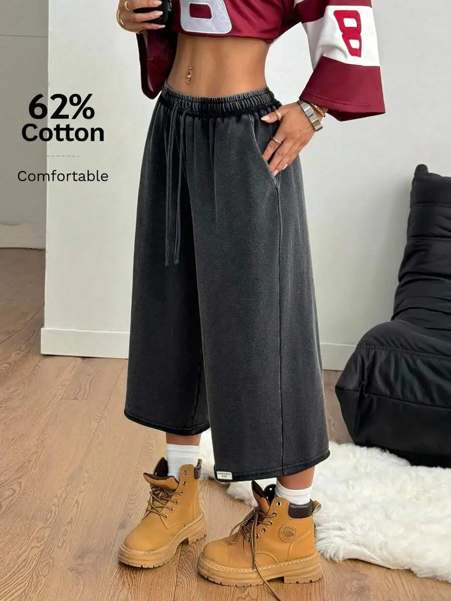 

Womens Baggy Capri Pants Elastic Waist Vintage Streetwear Casual Wide Leg Cotton Blend