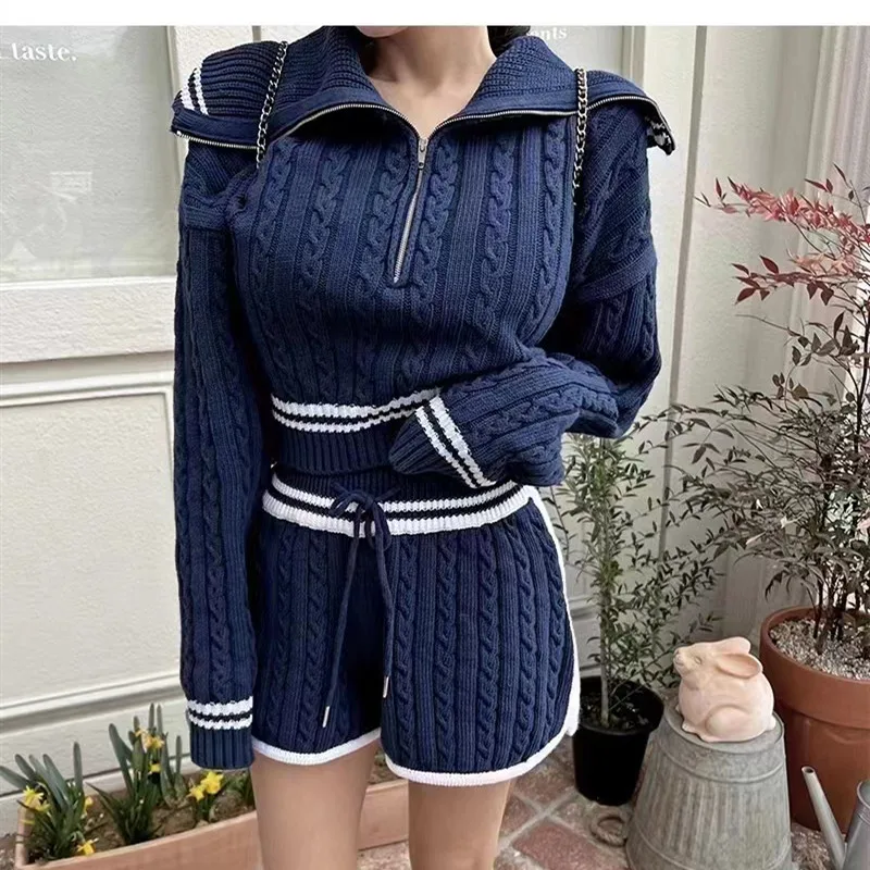 Gidyq Women Twist Knit 2 Piece Set Korean Fashion Zipper Loose Long Sleeve Tops Casual All Match Female High Waist Shorts Sets